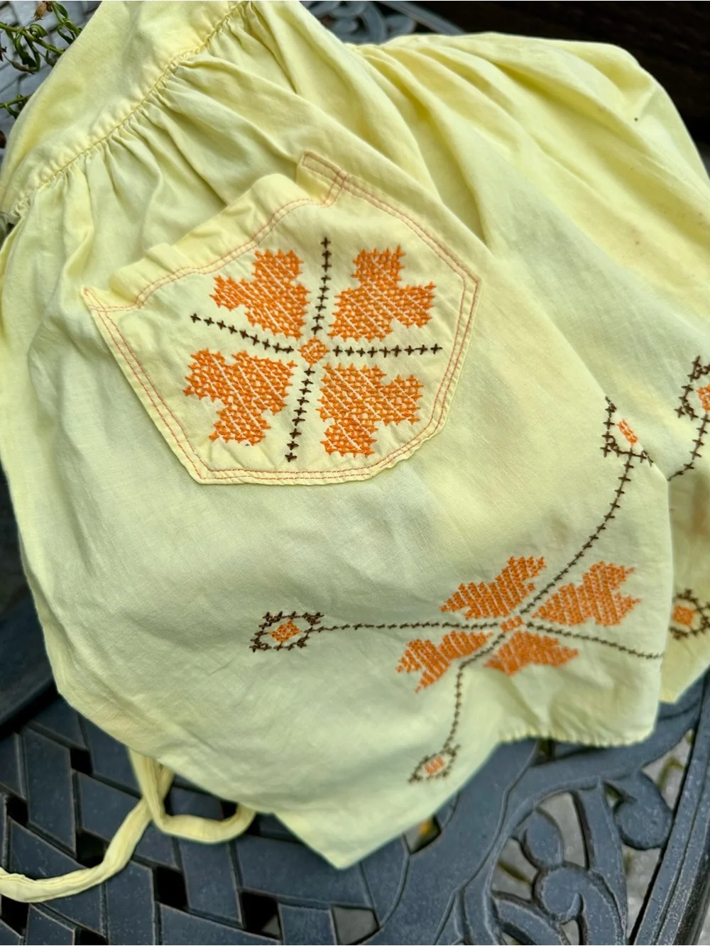 Retro Yellow Cotton Apron Cross Stitch Embroidery Pocket Cottagecore